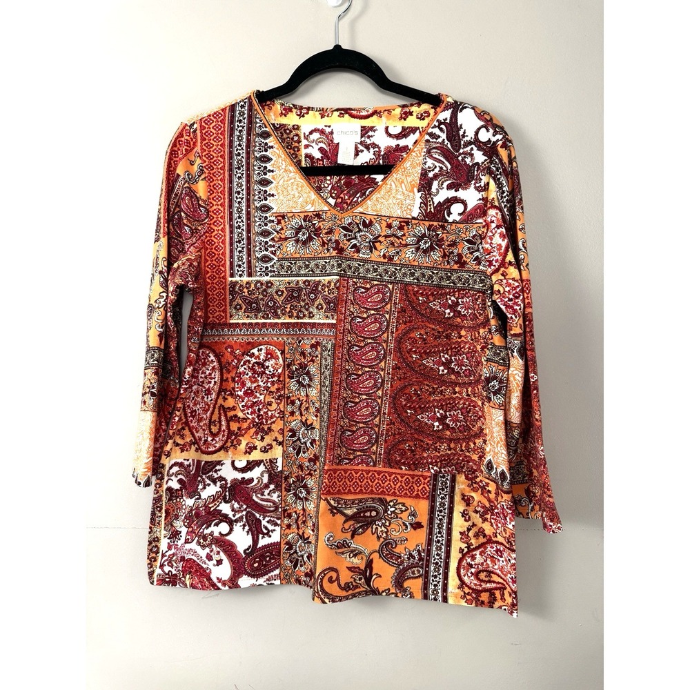 Chicos Size 1 Patchwork Paisley V-Neck Top 3/4 Sleeve Cotton Layers Stretch Boho